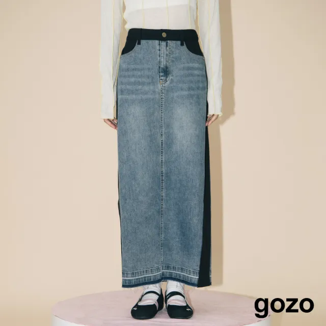 【gozo】A｜顯瘦異材質拼接水洗牛仔長裙(兩色)