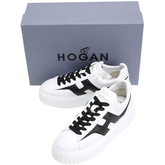 【HOGAN】H-Stripes 撞色H標誌縫線納帕皮黑尾繫帶厚底餅乾鞋-女鞋 白色(休閒鞋 運動鞋 繫帶鞋)