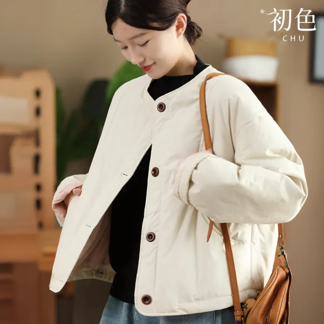 【初色】復古文藝風加厚保暖純色下擺抽繩圓領長袖夾棉外套女外套-共3色-16712(M-2XL可選)