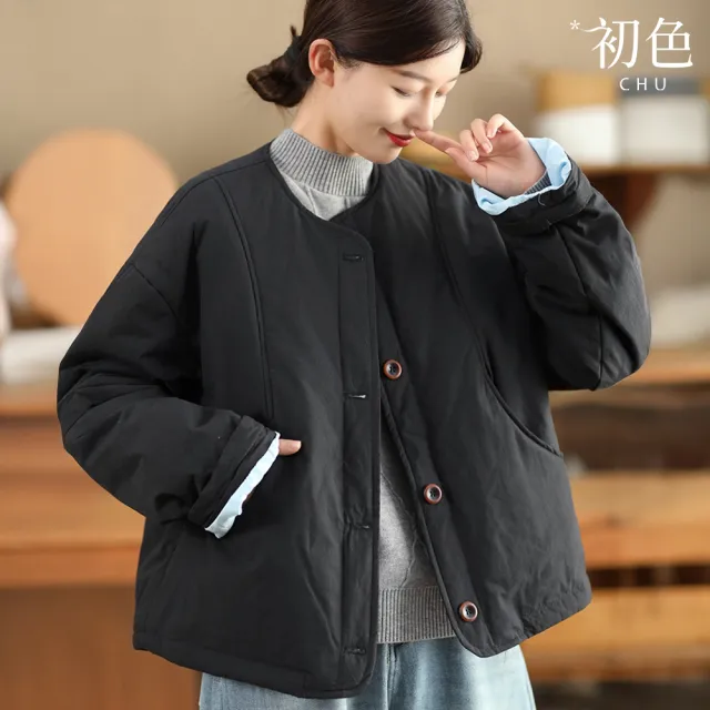 【初色】復古文藝風加厚保暖純色下擺抽繩圓領長袖夾棉外套女外套-共3色-16712(M-2XL可選)