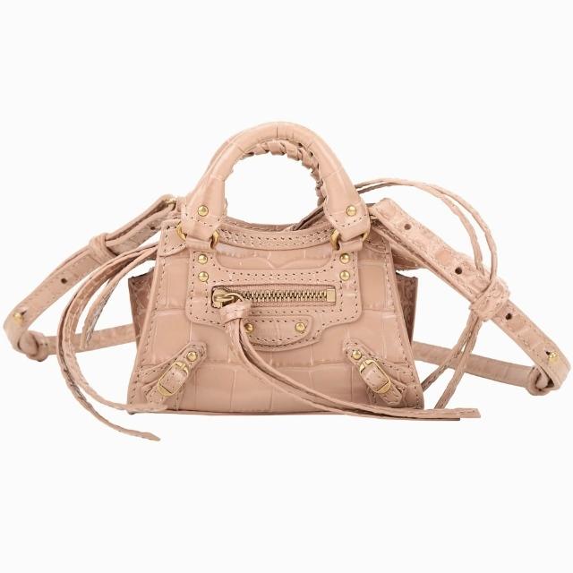 【Balenciaga 巴黎世家】Neo Classic Nano 金釦鱷魚紋壓花牛皮斜背卡片夾 錢包-裸粉色(卡片夾 錢包 斜背包)