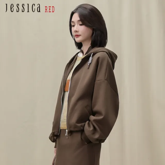 【Jessica Red】休閒減齡百搭寬鬆抽繩連帽拉鏈外套R54401（米/棕/綠）