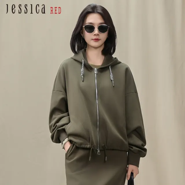 【Jessica Red】休閒減齡百搭寬鬆抽繩連帽拉鏈外套R54401（米/棕/綠）
