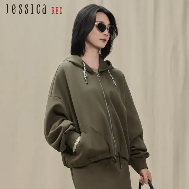 【Jessica Red】休閒減齡百搭寬鬆抽繩連帽拉鏈外套R54401（米/棕/綠）
