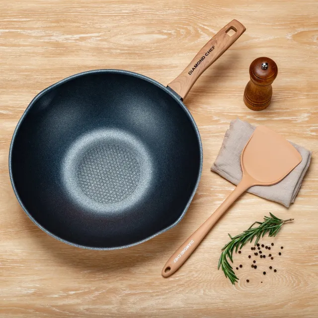 【DIAMOND CHEF】黑金石墨烯不沾鍋深炒鍋32cm-奶茶色(附鍋蓋/鍋鏟/炸物籃/不挑爐具)