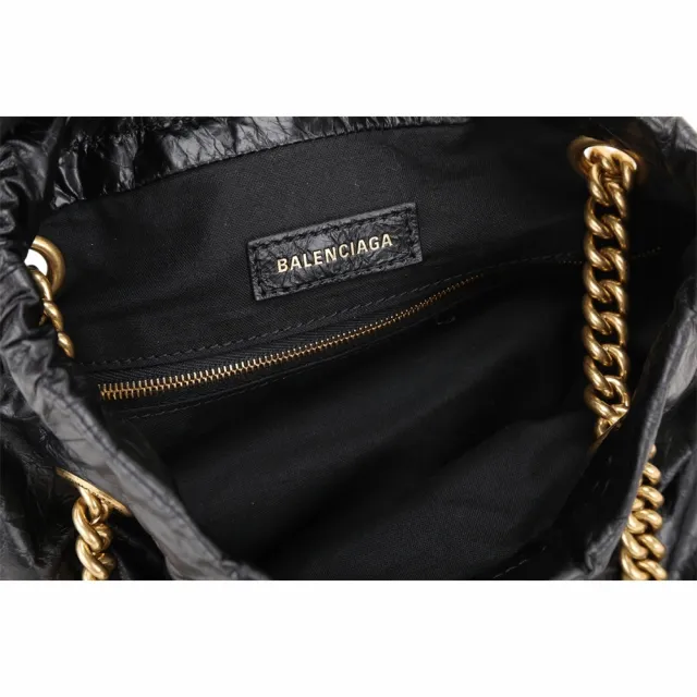 【Balenciaga 巴黎世家】Crush 小款 揉製小牛皮鍊帶托特包 - 黑色(鍊帶包 托特包 肩背包 手提包)