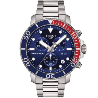 【TISSOT 天梭】Seastar 1000海星300米潛水三眼計時錶-45.5mm/紅藍 618 送禮(T1204171104103)