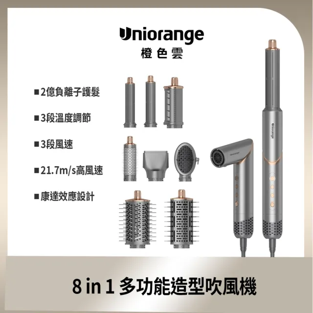 【Uniorange橙色雲】2億水潤負離子造型吹風機M8(8款造型吹頭/直捲吹三用/515g輕量設計/直髮梳/自動捲髮棒)