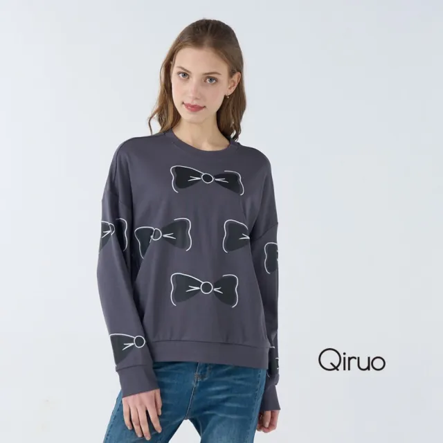 【Qiruo 奇若名品】棉質 圓領灰色長袖大學T蝴蝶上衣3234A 