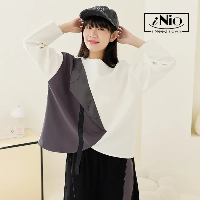 【iNio 衣著美學】顯瘦修身短袖上衣 撞色斜式拼接 寬鬆舒適短袖棉T(CEW1825)