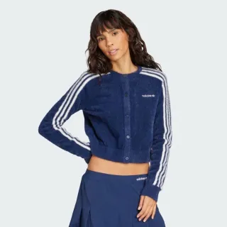 【adidas 愛迪達】愛迪達 Fluffy Cardigan 女 外套 休閒穿搭 運動外套 深藍 白 亞版(JW3644)