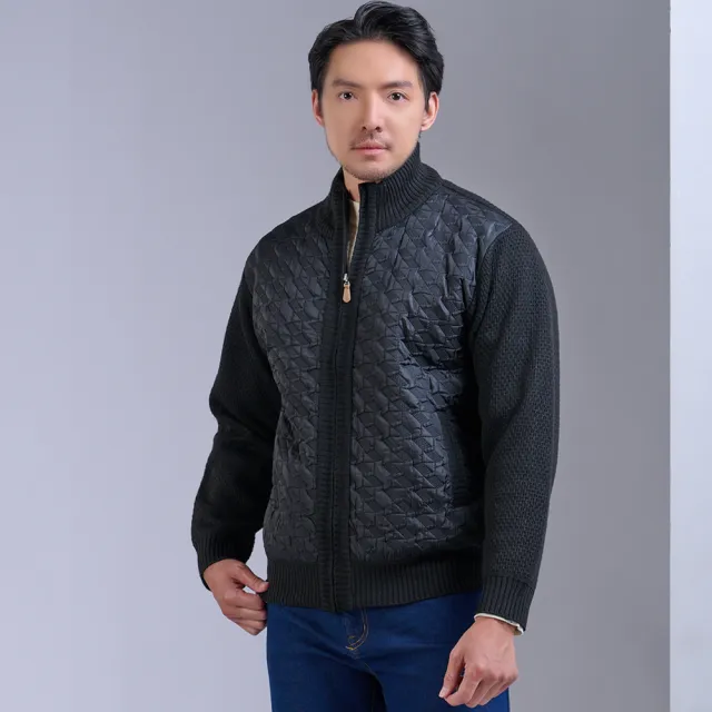 【BARONECE 百諾禮士】異材質拼接厚針織拉鍊毛衣外套_黑(704622-15)