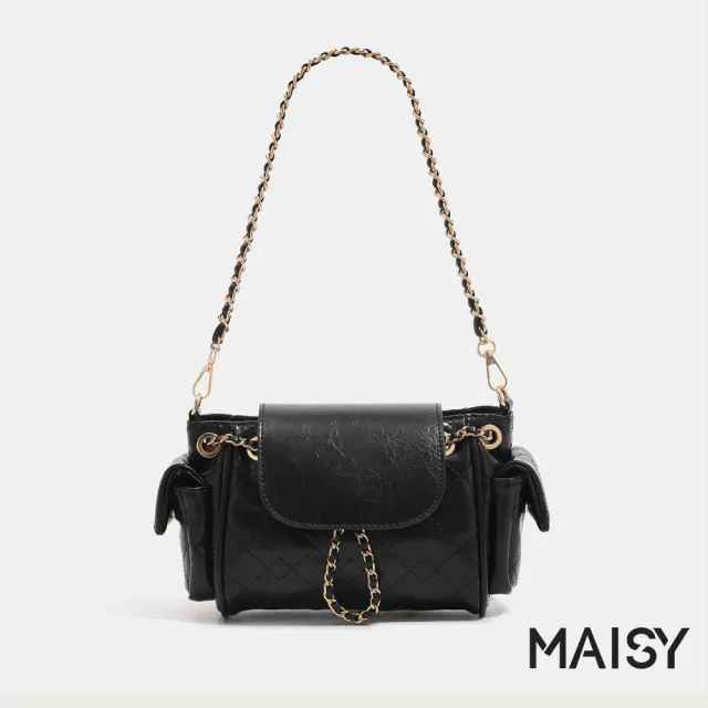 【MAISY】氣質百搭簡約菱格皮面小方包 手提包 斜跨包(米白/粉/黑)