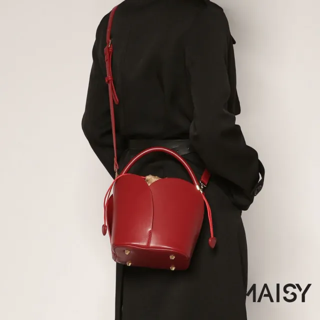 【MAISY】時尚簡約素面花瓣圓筒包 水桶包(紅色/棕色)