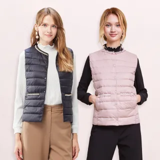 【MYVEGA 麥雪爾】MA珍珠領/小香風領輕保暖白鴨絨V領圓領兩穿羽絨背心-二款任選(羽絨/背心/輕量背心/外套)
