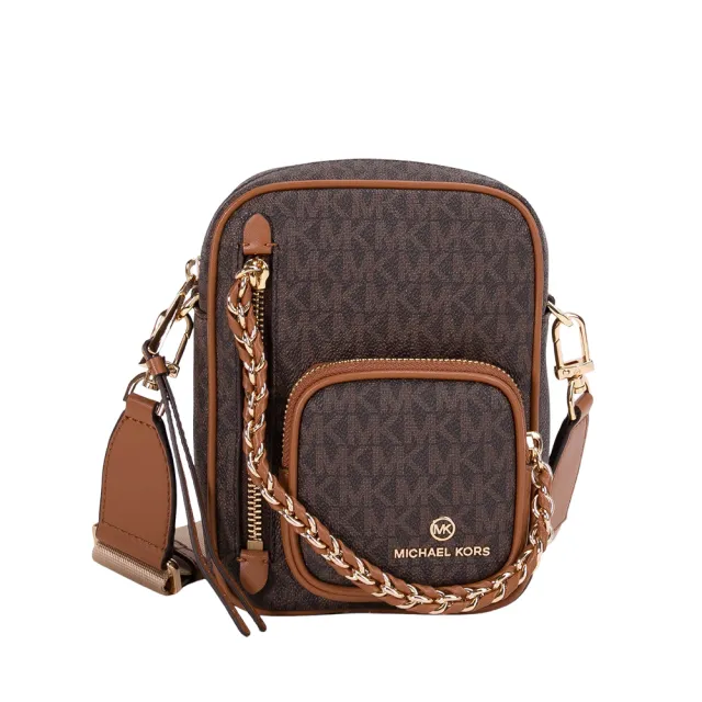 【Michael Kors】專櫃款ELLIOT滿版LOGO鍊帶墜飾斜背包-福利品(咖啡棕)
