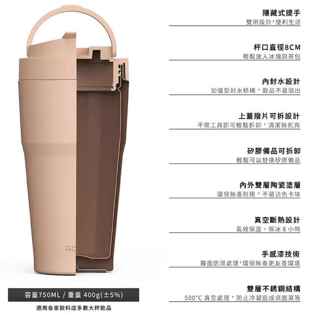 【WOKY 沃廚】2入 渾圓杯 雙層陶瓷款750ml-附矽膠吸管(隨行杯/吸管杯/飲料杯/保溫杯/保溫瓶)