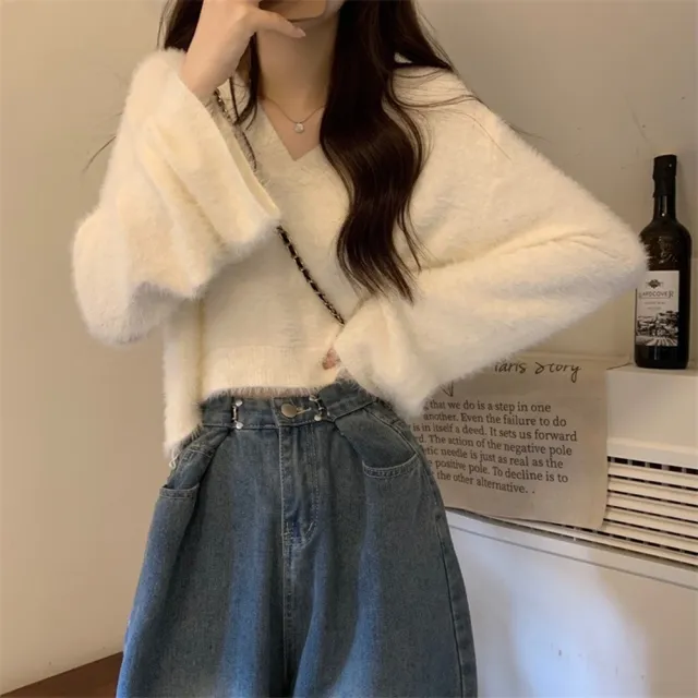 【D.studio】韓版寬鬆氣質針織上衣(毛衣長袖上衣衣服保暖上衣冬天女裝女裝發熱衣毛毛上衣W637)
