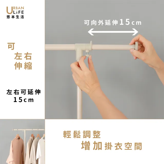 【URBAN LiFE 悠本生活】窄美學左右伸縮單衣架附煞車２個收納盒(曬吊掛收納衣架衣帽架收納籃盒置物架衣櫥)