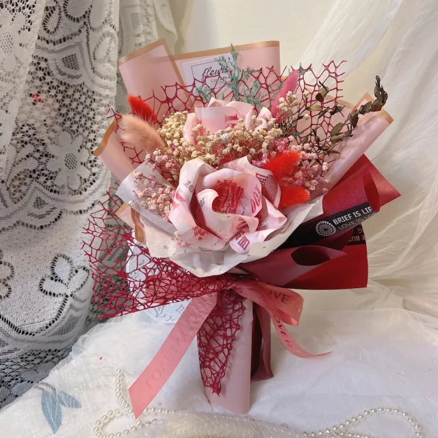 【喜滋滋花藝】送妳有錢花/網紅玫瑰鈔票花束-2朵鈔票玫瑰_純製作費/真鈔另外轉帳(鈔票花)