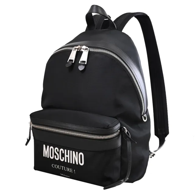 【MOSCHINO】簡約LOGO輕便尼龍前口袋雙拉鍊旅用包後背包(黑)