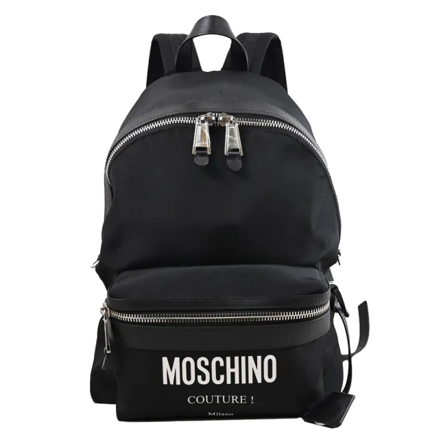 【MOSCHINO】簡約LOGO輕便尼龍前口袋雙拉鍊旅用包後背包(黑)