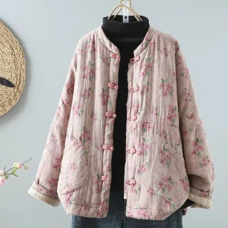 【ACheter】中國風棉麻印花盤扣立領厚外套棉服#126603(粉紅  藍)