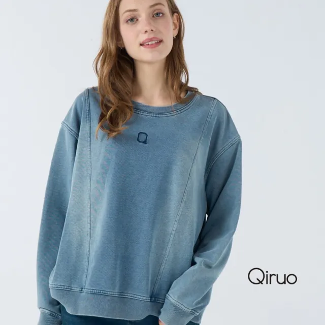 【Qiruo 奇若名品】牛仔布料 圓領車線縮下擺 休閒長袖上衣 4013A 