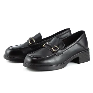 【MAGY】個性馬銜釦牛貼皮中跟樂福鞋(黑色)