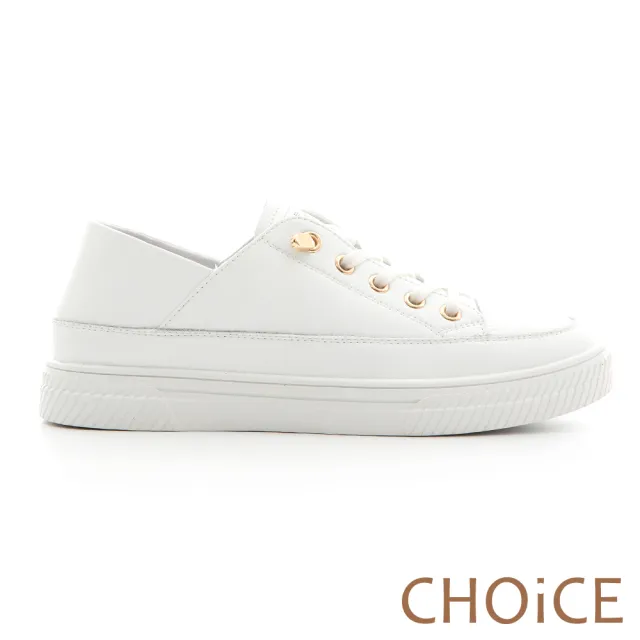 【CHOiCE】免綁帶牛貼皮厚底休閒鞋(白色)