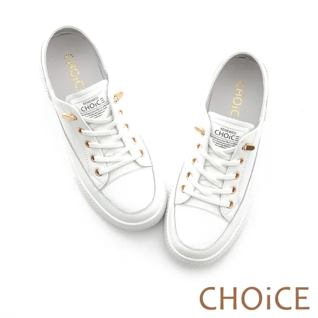 【CHOiCE】免綁帶牛貼皮厚底休閒鞋(白色)