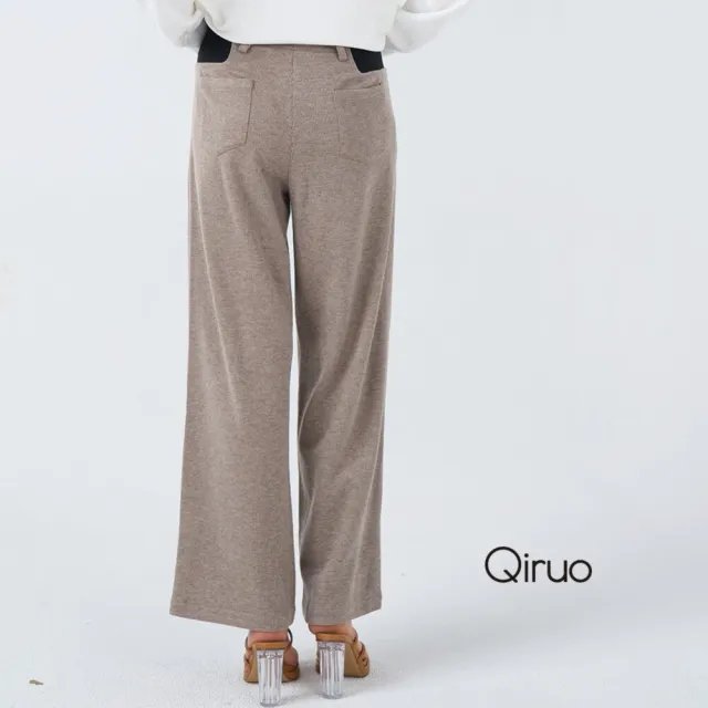 【Qiruo 奇若名品】柔軟棉布 淺咖啡色後鬆緊寬版長褲4002C 