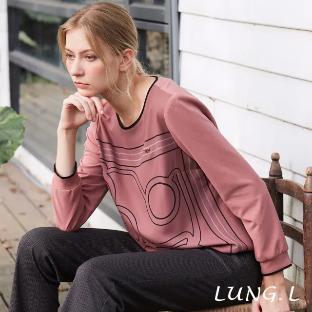 【LUNG.L 林佳樺】LT29A 藕粉色搭配黑色幾何線條長袖女裝上衣(秋冬新品)