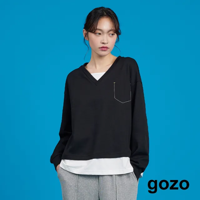 【gozo】MOMO獨家款★限量開賣 虛線造型假兩件長袖T恤(兩色)