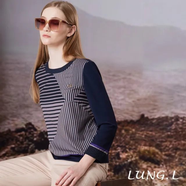 【LUNG.L 林佳樺】LT26A 藍色拼接幾何條紋長袖女裝上衣(秋冬新品)