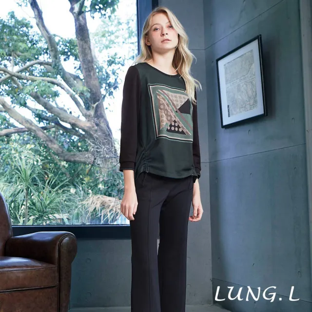 【LUNG.L 林佳樺】LT28A 綠色前片幾何印花長袖女裝上衣(秋冬新品)