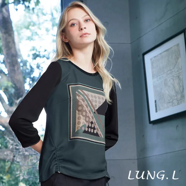 【LUNG.L 林佳樺】LT28A 綠色前片幾何印花長袖女裝上衣(秋冬新品)