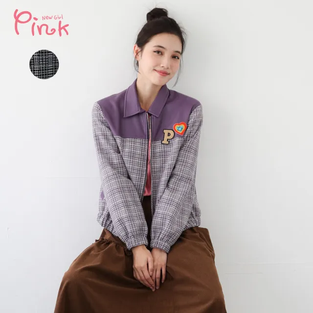 【PINK NEW GIRL】俏皮格紋毛呢拼接皮革拉鍊短外套 N4706HD(2色)