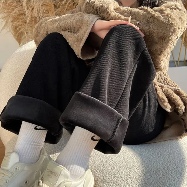 【Everyday select】歐棉顯瘦百搭加絨直筒休閒女長褲S~XXL 40~72kgs有口袋(垂感寬褲闊腿褲直筒褲保暖褲)