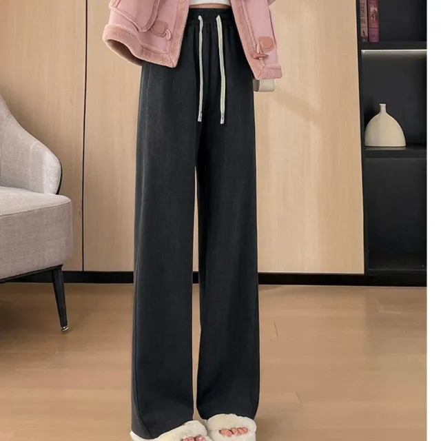 【Everyday select】歐棉顯瘦百搭加絨直筒休閒女長褲S~XXL 40~72kgs有口袋(垂感寬褲闊腿褲直筒褲保暖褲)
