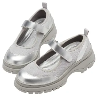 【Grace Gift】輕運動風拼接魔鬼氈瑪莉珍運動鞋(銀)