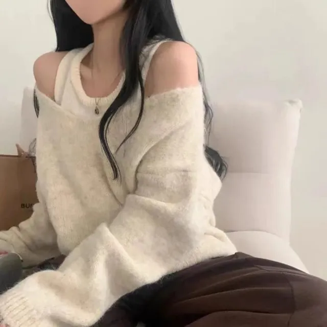 【D.studio】韓版顯瘦V領長袖針織上衣+針織背心(套裝毛衣長袖上衣女裝衣服發熱衣保暖上衣W526)
