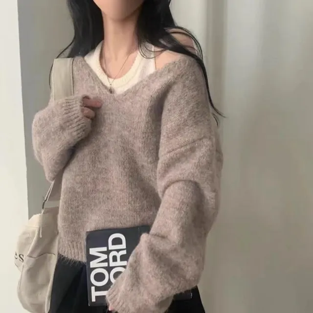【D.studio】韓版顯瘦V領長袖針織上衣+針織背心(套裝毛衣長袖上衣女裝衣服發熱衣保暖上衣W526)