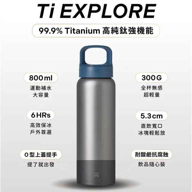 【WOKY 沃廚】Ti純鈦提手運動保溫瓶800ml(鈦杯/保溫杯/保溫瓶/運動水壺)