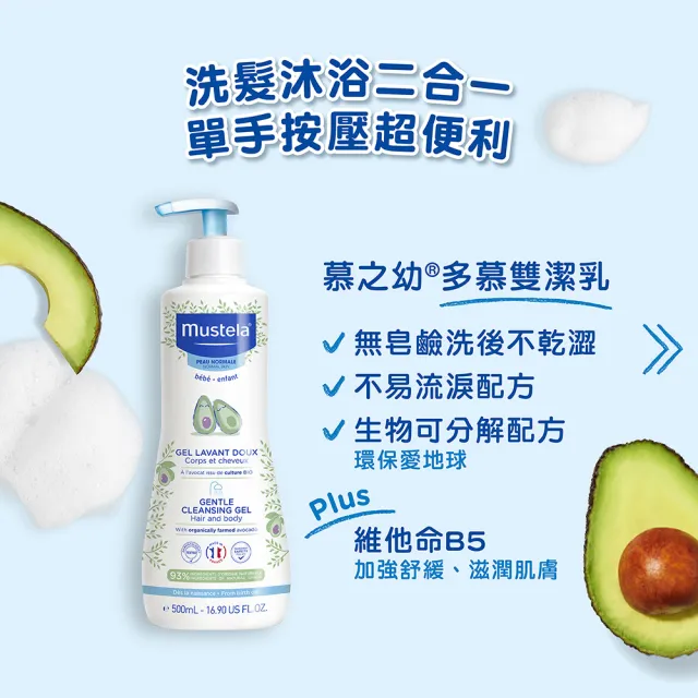 【Mustela 慕之恬廊】新手爸媽SOP限量加大組(多慕雙潔乳750ml＋爽身潤膚乳500ml＋VBC屁屁膏150ml 洗髮乳液)