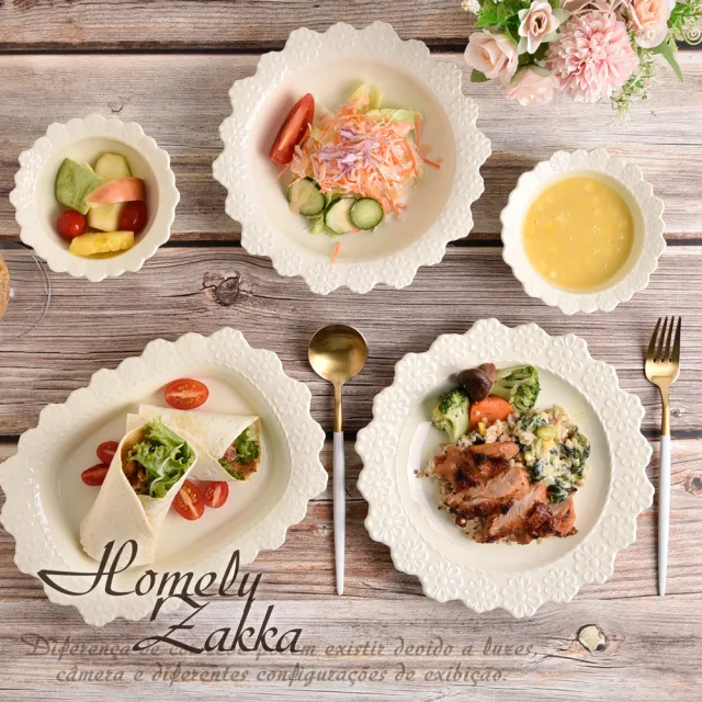 【Homely Zakka】法式浪漫花邊浮雕陶瓷圓形飯碗2件組_2色任選(湯盤 餐具 餐盤 盤子 器皿 碗盤)