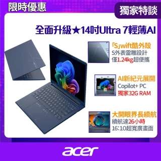 【Acer 宏碁】14吋Ultra 7 Copilot+輕薄效能AI筆電(Swift Go/SFG14-75-766J/Ultra7-258V/32G/512G/W11)