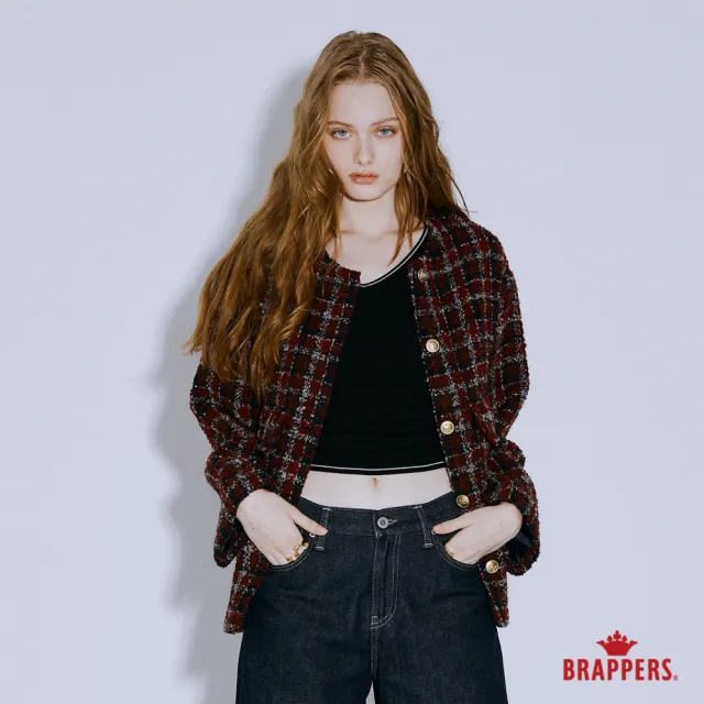 【BRAPPERS】女款 粗毛呢格圓領夾克(紅格)