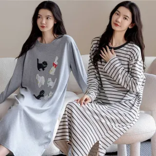 【NEW FORCE】棉眠小舖圓領長袖居家睡裙(大尺碼睡裙/居家服/睡衣/女睡裙/棉質睡)