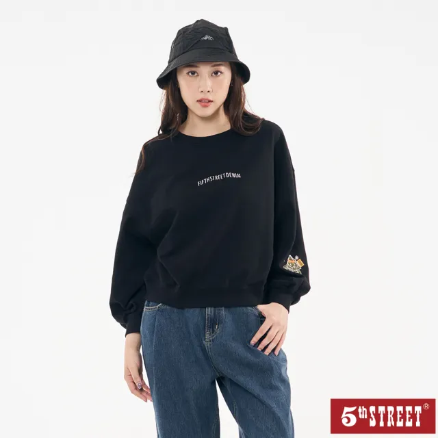 【5th STREET】雙11 女裝 長袖 寬版上衣 大學t 黑色(561005)